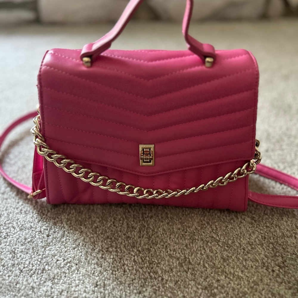 Pink Quilted Chevron Crossbody Bag with Chain Detail